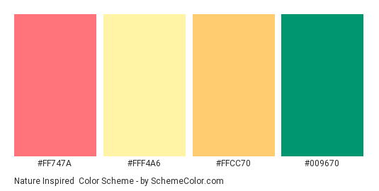 Nature Inspired - Color scheme palette thumbnail - #ff747a #fff4a6 #ffcc70 #009670 