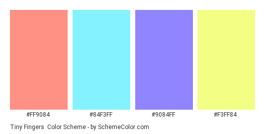 Tiny Fingers - Color scheme palette thumbnail - #ff9084 #84f3ff #9084ff #f3ff84 