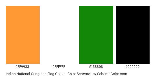 Indian National Congress Flag Colors - Color scheme palette thumbnail - #ff9933 #ffffff #138808 #000000 