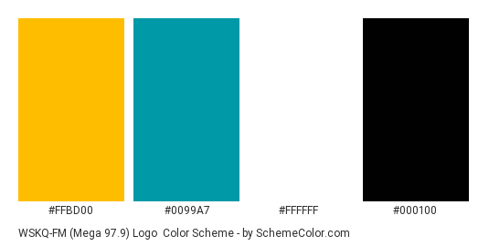 WSKQ-FM (Mega 97.9) Logo - Color scheme palette thumbnail - #ffbd00 #0099a7 #ffffff #000100 