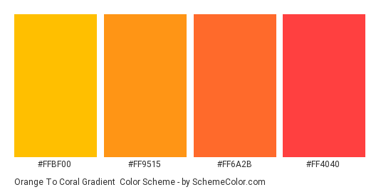 Orange to Coral Gradient - Color scheme palette thumbnail - #ffbf00 #ff9515 #ff6a2b #ff4040 