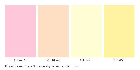 Dove Cream - Color scheme palette thumbnail - #ffc7d9 #ffdfc3 #fffdd3 #fff3a1 