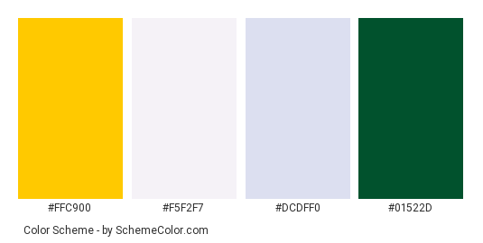 Yellow Walls, Green Windows - Color scheme palette thumbnail - #ffc900 #f5f2f7 #dcdff0 #01522d 