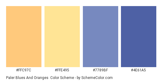 Paler Blues and Oranges - Color scheme palette thumbnail - #ffc97c #ffe495 #7789bf #4e61a5 