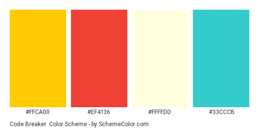 Code Breaker - Color scheme palette thumbnail - #ffca00 #ef4136 #ffffdd #33cccb 