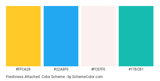 Freshness Attached - Color scheme palette thumbnail - #ffca28 #22a8f0 #fceff0 #17bcb1 