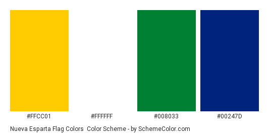 Nueva Esparta Flag Colors - Color scheme palette thumbnail - #ffcc01 #FFFFFF #008033 #00247d 