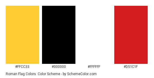 Roman Flag Colors - Color scheme palette thumbnail - #ffcc33 #000000 #ffffff #d51c1f 