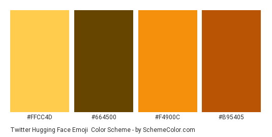 Twitter Hugging Face Emoji - Color scheme palette thumbnail - #ffcc4d #664500 #f4900c #b95405 