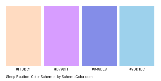 Sleep Routine - Color scheme palette thumbnail - #ffdbc1 #D79DFF #848DE8 #9DD1EC 