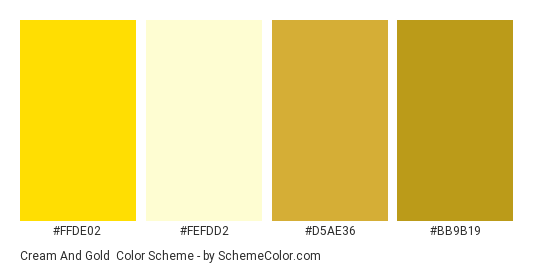 Cream and Gold - Color scheme palette thumbnail - #ffde02 #fefdd2 #d5ae36 #bb9b19 