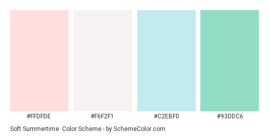 Soft Summertime - Color scheme palette thumbnail - #ffdfde #f6f2f1 #c2ebf0 #93ddc6 