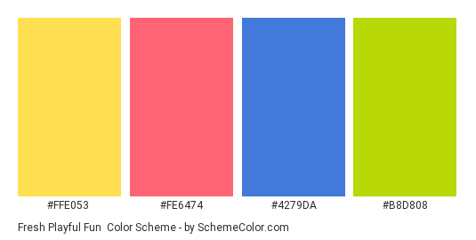 Fresh Playful Fun - Color scheme palette thumbnail - #ffe053 #fe6474 #4279da #b8d808 