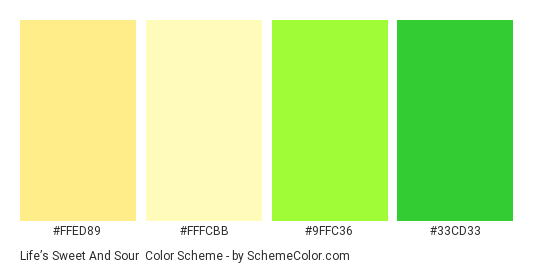 Life’s Sweet and Sour - Color scheme palette thumbnail - #ffed89 #fffcbb #9ffc36 #33cd33 