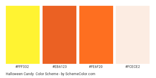 Halloween Candy - Color scheme palette thumbnail - #fff332 #eb6123 #fe6f20 #fcece2 