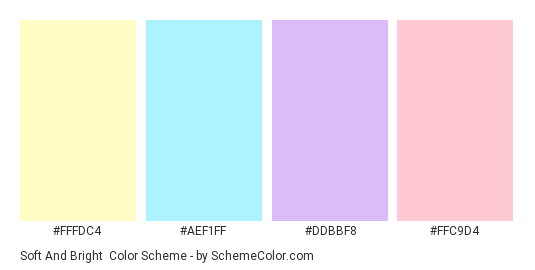 Soft and Bright - Color scheme palette thumbnail - #fffdc4 #aef1ff #ddbbf8 #ffc9d4 