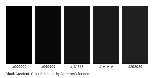 Black Gradient - Color scheme palette thumbnail - #000000 #090909 #131313 #1a1a1a #202020 