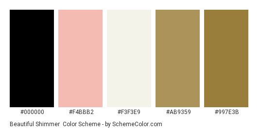 Beautiful Shimmer - Color scheme palette thumbnail - #000000 #f4bbb2 #f3f3e9 #ab9359 #997e3b 
