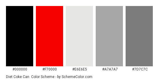 Diet Coke Can - Color scheme palette thumbnail - #000000 #f70000 #e6e6e5 #a7a7a7 #7d7c7c 