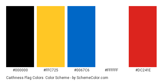 Caithness Flag Colors - Color scheme palette thumbnail - #000000 #ffc725 #0067c6 #ffffff #dc241e 