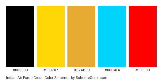 Indian Air Force Crest - Color scheme palette thumbnail - #000000 #ffd707 #e7ab33 #00d4fa #ff0000 