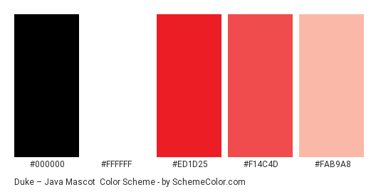 Duke – Java Mascot - Color scheme palette thumbnail - #000000 #ffffff #ed1d25 #f14c4d #fab9a8 