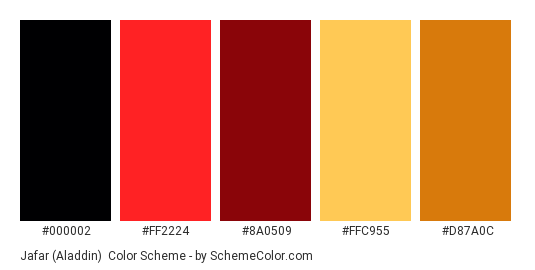 Jafar (Aladdin) - Color scheme palette thumbnail - #000002 #ff2224 #8a0509 #ffc955 #d87a0c 