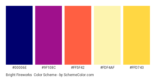 Bright Fireworks - Color scheme palette thumbnail - #00006E #9F108C #FF5F42 #FDF4AF #FFD743 