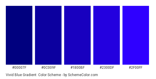 Vivid Blue Gradient - Color scheme palette thumbnail - #00007F #0C009F #1800BF #2300DF #2F00FF 