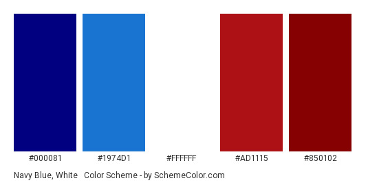 Navy Blue, White & Red - Color scheme palette thumbnail - #000081 #1974D1 #FFFFFF #ad1115 #850102 