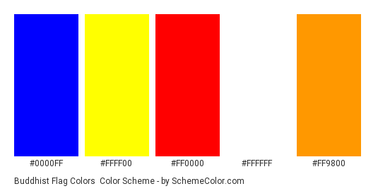 Buddhist Flag Colors - Color scheme palette thumbnail - #0000ff #ffff00 #ff0000 #ffffff #ff9800 