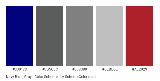 Navy Blue, Gray & Red - Color scheme palette thumbnail - #00017d #5b5c5c #808080 #bebebe #ae2029 