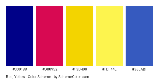 Red, Yellow & Navy Blue - Color scheme palette thumbnail - #000188 #d80952 #f3d400 #fdf44e #365abf 