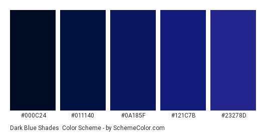 Dark Blue Shades - Color scheme palette thumbnail - #000c24 #011140 #0a185f #121c7b #23278d 