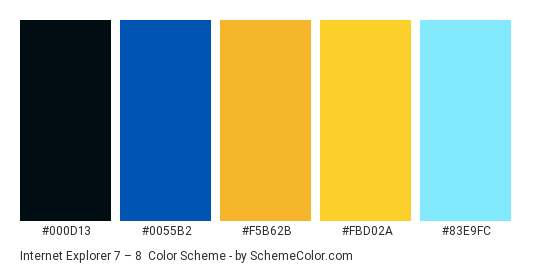 Internet Explorer 7 – 8 - Color scheme palette thumbnail - #000d13 #0055b2 #f5b62b #fbd02a #83e9fc 