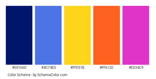 City Night Time - Color scheme palette thumbnail - #00166D #4C74E5 #FFD51B #FF6120 #E034C9 