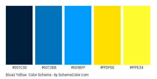 Bluez Yellow - Color scheme palette thumbnail - #001C3D #0072BB #009BFF #FFDF00 #FFFE34 
