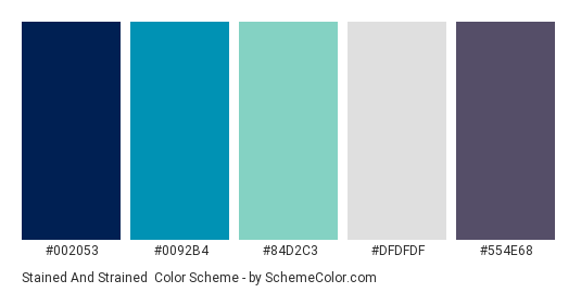 Stained and Strained - Color scheme palette thumbnail - #002053 #0092b4 #84d2c3 #dfdfdf #554e68 