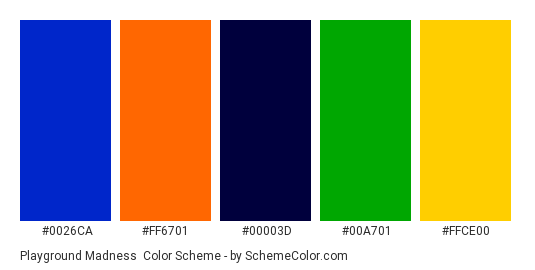 Playground Madness - Color scheme palette thumbnail - #0026ca #ff6701 #00003d #00a701 #ffce00 