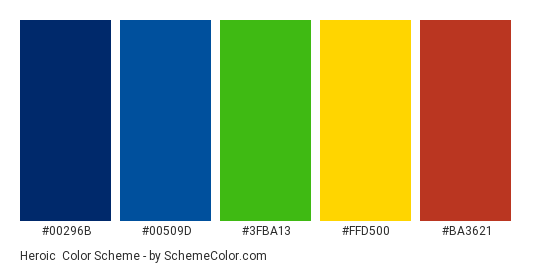 Heroic - Color scheme palette thumbnail - #00296B #00509D #3FBA13 #FFD500 #BA3621 