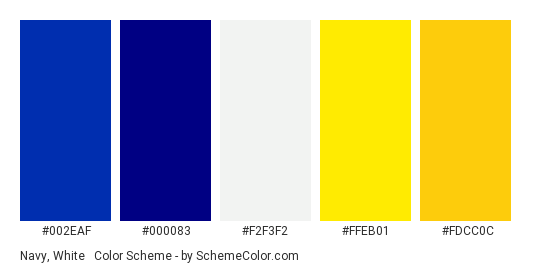 Navy, White & Yellow - Color scheme palette thumbnail - #002EAF #000083 #F2F3F2 #FFEB01 #FDCC0C 