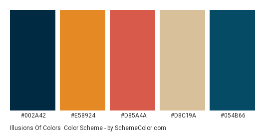 Illusions of Colors - Color scheme palette thumbnail - #002a42 #e58924 #d85a4a #d8c19a #054b66 