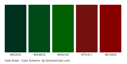Dark Green & Maroon - Color scheme palette thumbnail - #00301e #004a18 #006100 #751011 #870000 