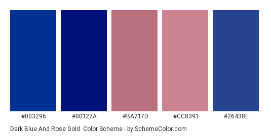Dark Blue and Rose Gold - Color scheme palette thumbnail - #003296 #00127a #ba717d #cc8391 #26438e 