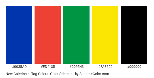 New Caledonia Flag Colors - Color scheme palette thumbnail - #0035ad #ed4135 #009543 #fae602 #000000 