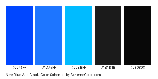New Blue and Black - Color scheme palette thumbnail - #0046ff #1d75ff #00bbff #1b1b1b #080808 
