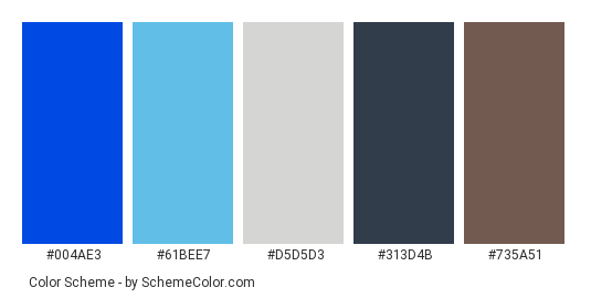 Bridge Motorway - Color scheme palette thumbnail - #004ae3 #61bee7 #d5d5d3 #313d4b #735a51 