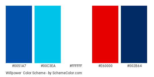 Willpower - Color scheme palette thumbnail - #0051a7 #00c3ea #ffffff #e60000 #002b64 