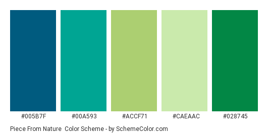 Piece from Nature - Color scheme palette thumbnail - #005B7F #00A593 #ACCF71 #caeaac #028745 