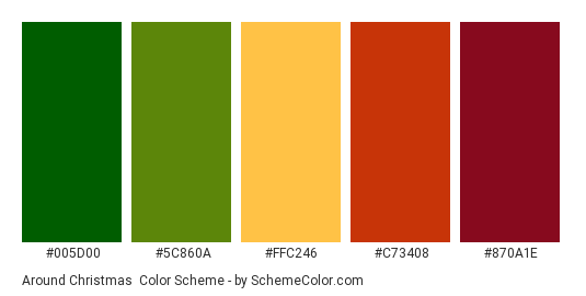 Around Christmas - Color scheme palette thumbnail - #005D00 #5C860A #FFC246 #C73408 #870A1E 